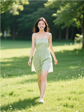 草地上迎面走来的绿色裙装美女图片